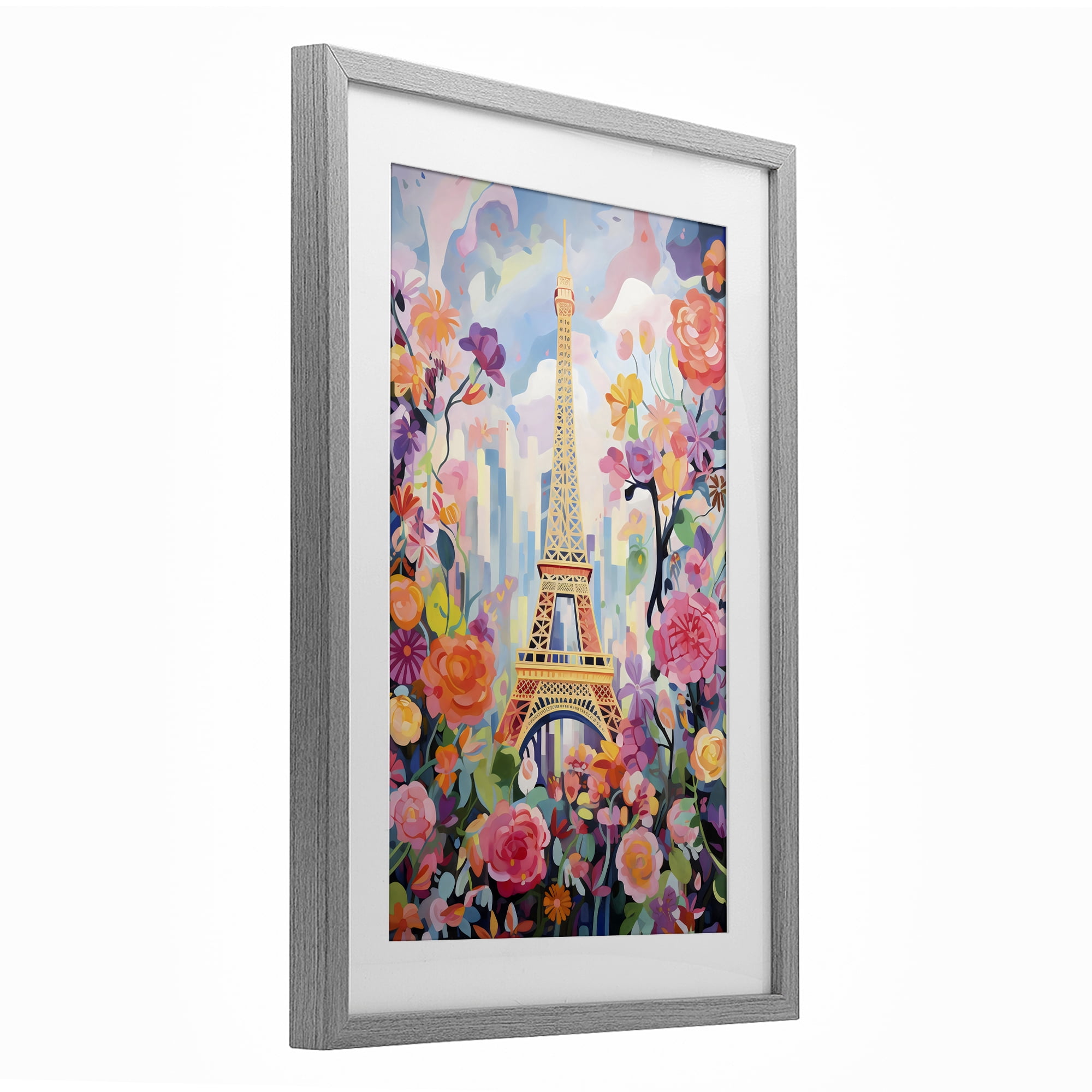 Stupell Industries Eiffel Tower Surrounded By Florals Gray Framed Print Under Glass, design by Creative Studio