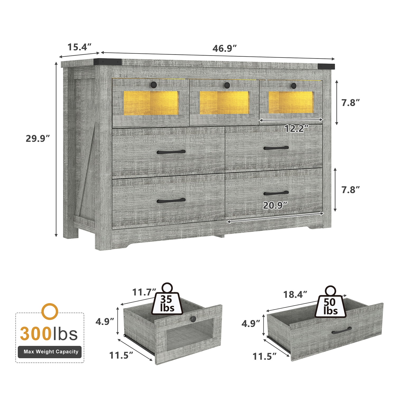 Kadyn 7 Drawer Dresser, Sideboard Storage Cabinet with LED Light, Chest of Drawers for Hallway, Cement Grey