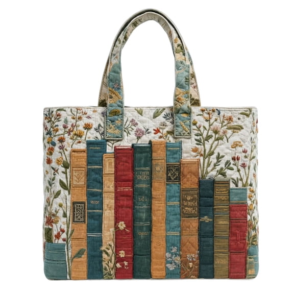 Funny Quilted Tote Bag Cat Books Themed Embroidery Canvas Bag