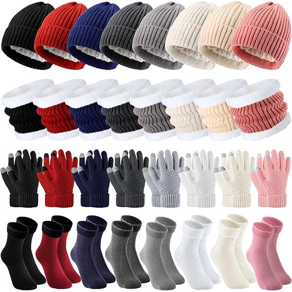 wonima44 32 Pcs Winter Beanie Hat Scarf Gloves Sets for Women Warm Fleece Scarf Touch Screen Glove with Sock for Gift Christmas