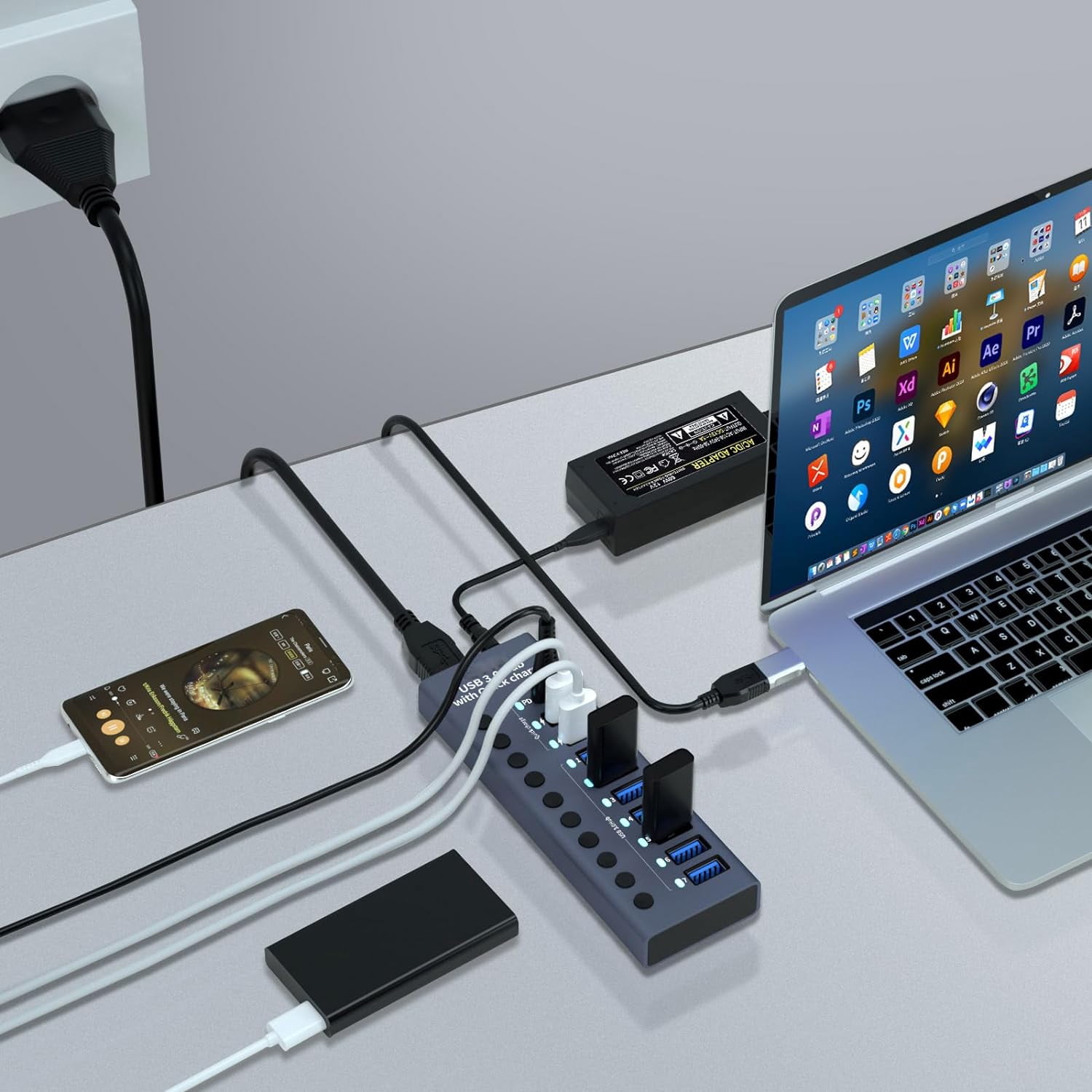 Aluminum Powered USB 3.0 Hub, 10-Port USB Hub Splitter (7 USB 3.0 Data Transmission Ports + 2 Smart Charging Ports + 1 PD Charging Port), with 60W (12V/5A) Power Adapter and Independent Switch
