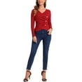 thumbnail image 2 of INSPIRE CHIC Women's Casual Buttons Decor Ruched V Neck Knit Tops XS Red, 2 of 5