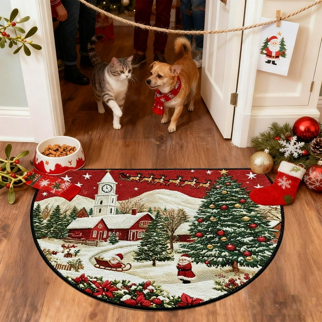 Uklsqma Christmas Non-Slip Entrance Door Mat | Semicircle Absorbent Polyester Floor Rug | Dirt Proof Cushion Kitchen Bathroom Rug | Holiday Decor for Entryway Porch Laundry Room