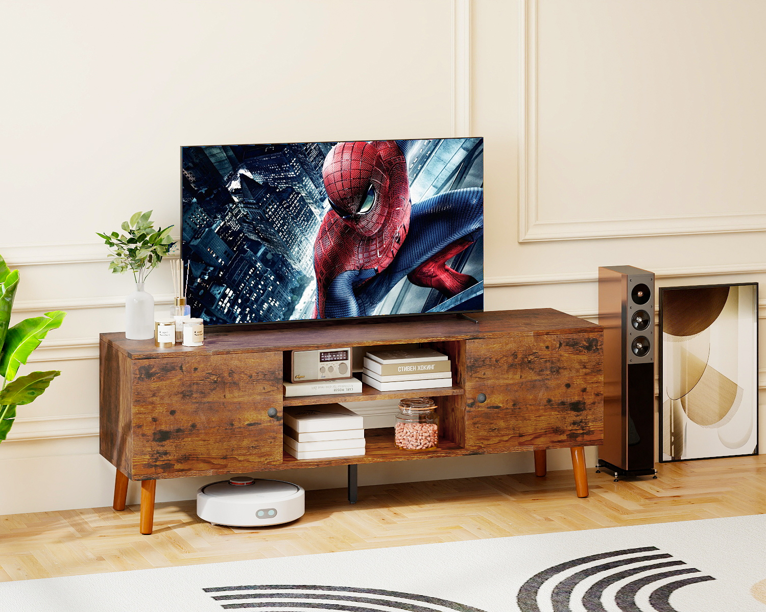 FDW TV Stand for 55 60 Inch TVs,with 2 Storage Cabinets and Open Shelves,Brown