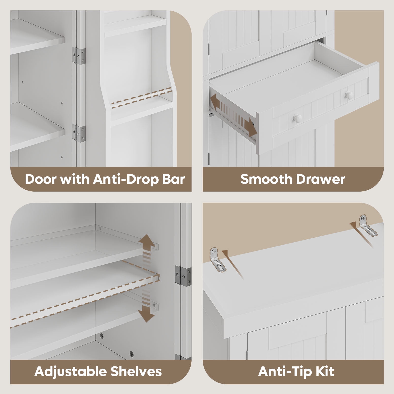Bestier 72" Tall Kitchen Pantry Storage Cabinet with Doors and Shelves, Food Pantry Cabinet with Motion Sensor Light, White