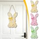 thumbnail image 1 of Conejo de Pascua con cartel de pared de puerta de madera y ventana Decoración colgante en 2D – Madera natural, encaje floral en relieve, corazón y lazo verdes, acento primaveral en la corona de flores, 1 of 5
