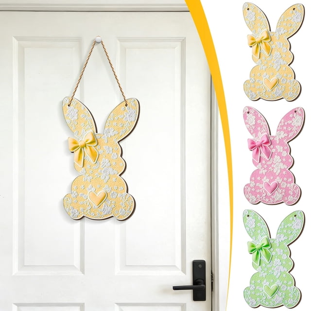 Lekihaqq Easter Decorations Bunny Wall Sign Natural Wood Embossed Floral Painted Green Satin Bow Heart Rabbit Door Hanging Home Ornament Festive Gift