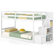 Infans Twin Over Twin Low Bunk Bed Solid Wood Floor Bunk Bed Frame with Storage Stairs