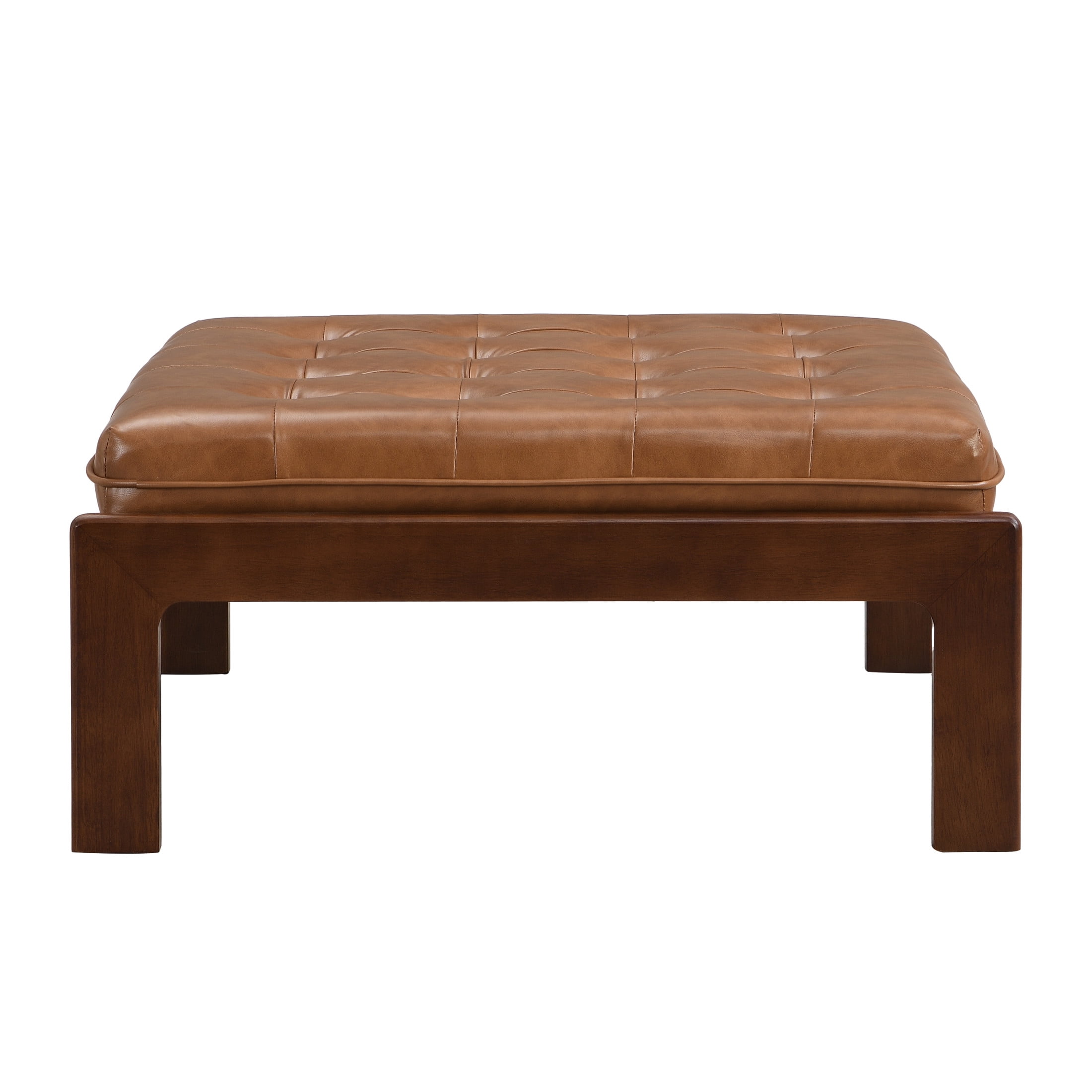 Christopher Knight Home Classic 34'' PU Leather Ottoman, Button-Tufted Cocktail Ottoman with Solid Wood Frame, Multi-Functional Footstool & Coffee Table, Brown