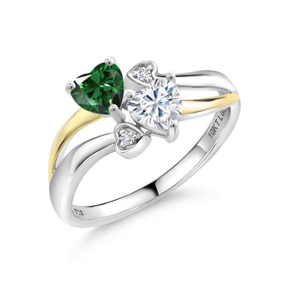 Gem Stone King 925 Silver and 10K Yellow Gold Green Nano Emerald and White Moissanite and White Lab Grown Diamond Ring for Women (0.94 Cttw, May Birthstone, Heart Shape 5MM, Size 7)