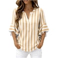 thumbnail image 2 of Women's Casual Loose Linen Striped V-Neck Three-Quarter Sleeve Ruffled Top, 2 of 8