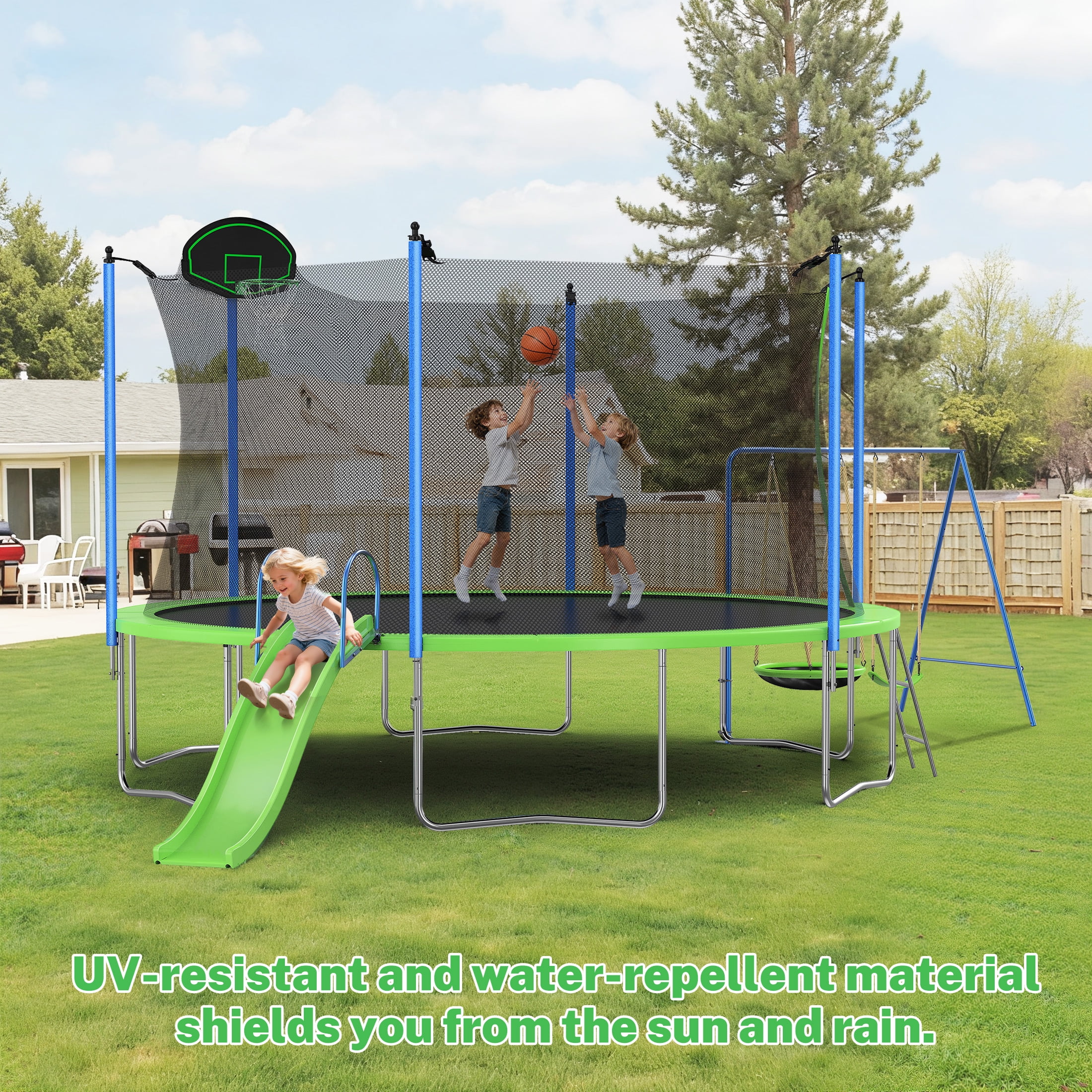 12FT Trampoline with Slide, Swings, SEGMART Recreational Trampoline with Basketball Hoop and Ladder, Heavy Duty Outdoor Backyard Trampoline with Net for Kids and Adults, Green