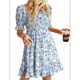 thumbnail image 3 of Vestido Informal de Verano para Mujer, Corta, Cuello Cuadrado, Fruncido, Estilo Bohemio, Floral, Minivestido Fluido de Corte A Azul XXL, 3 of 7