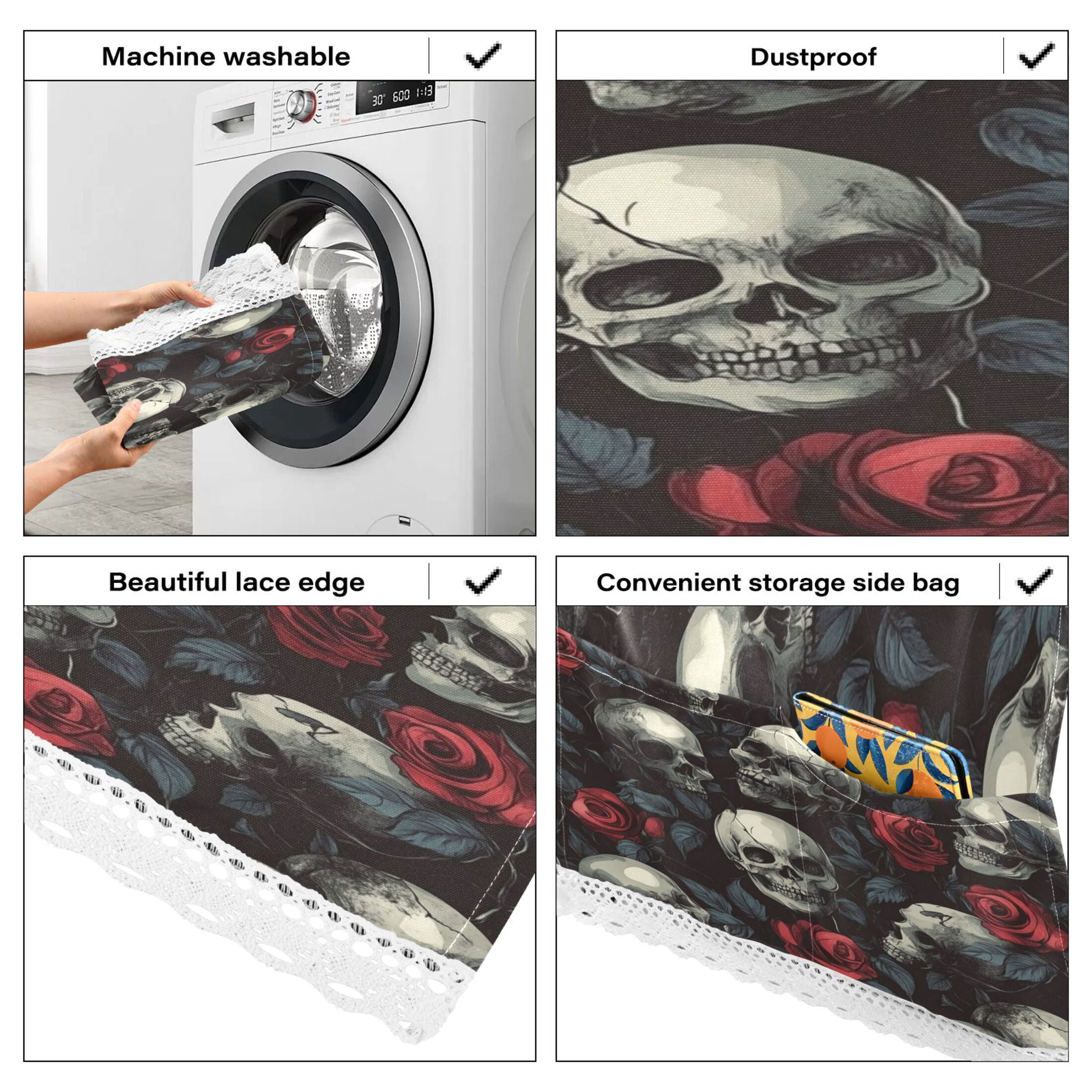 WOBOGO Skull Red Roses Pattern Washing Machine Cloth Dryer Refrigerator Top Cover Protective Non-Slip Mat For Kitchen Laundry