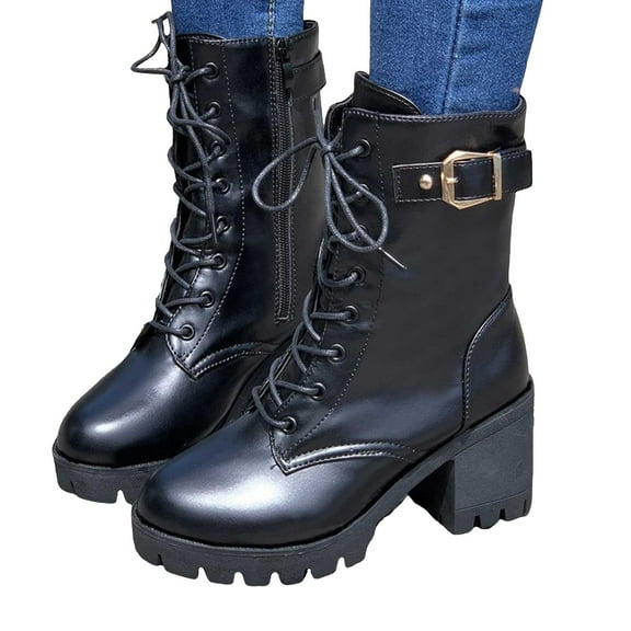 Rokment Mid Calf Combat Riding Boots for Women Fall Winter Fashion Leather Buckles Platform Chunky Block High Heel Short Dress Booties Black Size 6.5
