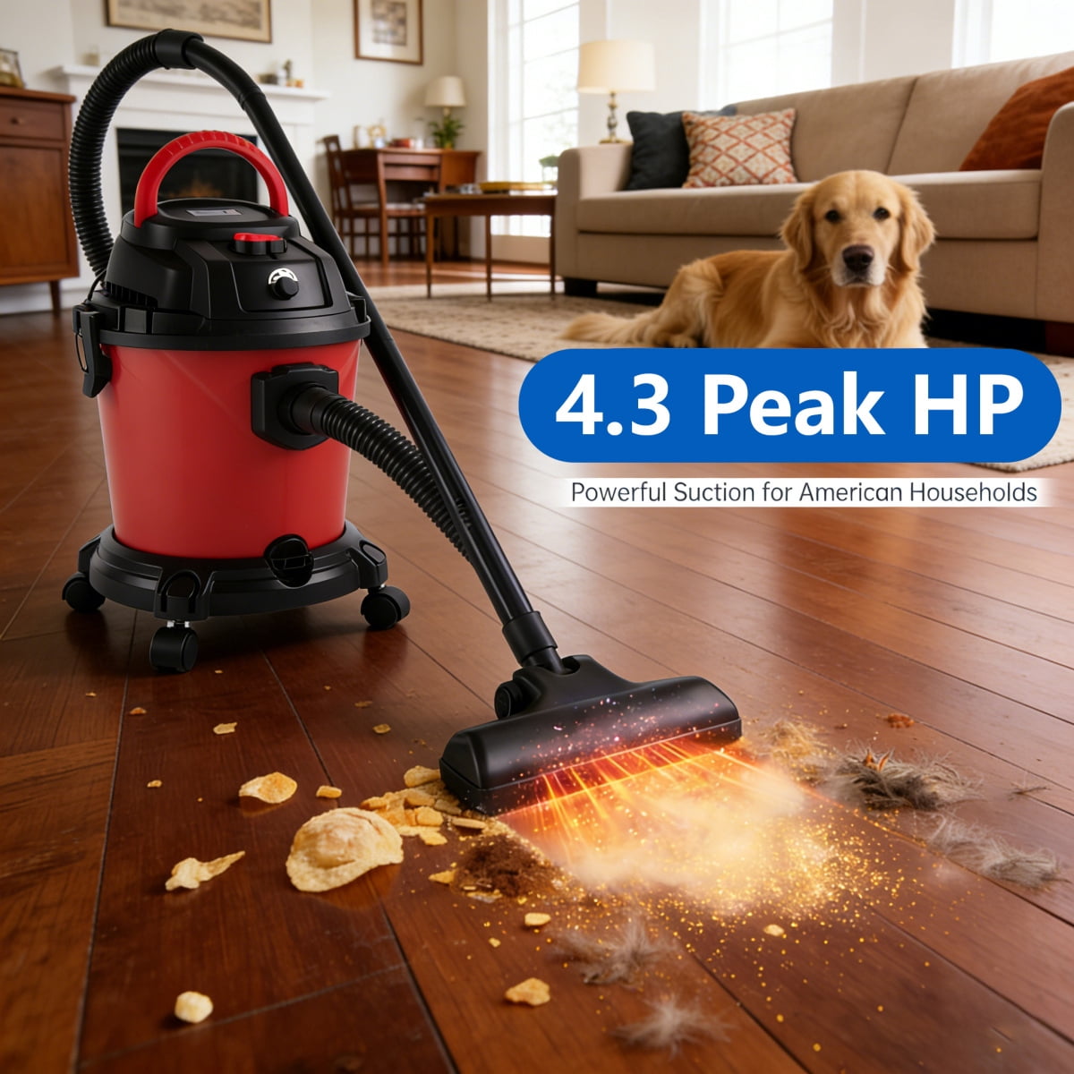 5 Gallon Wet Dry Vac 4.3 Peak HP 3 in 1 Shop Vacuum with Blowing Function Portable Wet Dry Vacuum for Home Garage Car Black