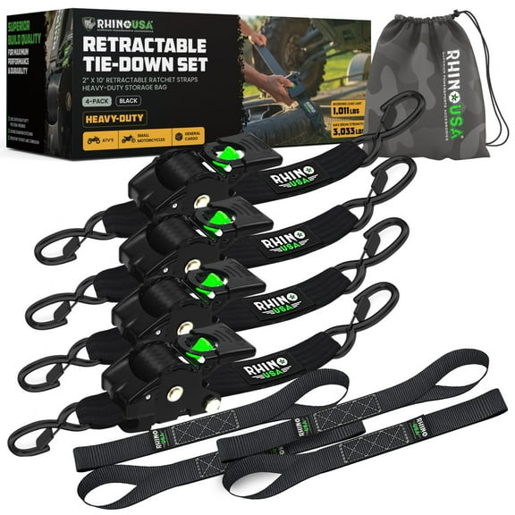 Rhino USA's 4pk 2"x10' Retractable Ratchet Straps, Black