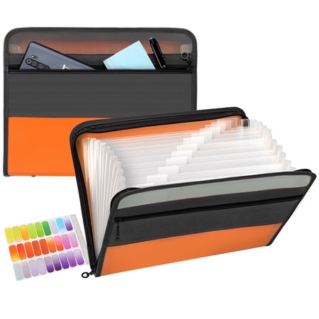Expanding File Folder 13 Pockets with Zipper Closure TRANBO Accordion File Organizer Letter Size/A4 Plastic Portable Document Organizer (Orange)
