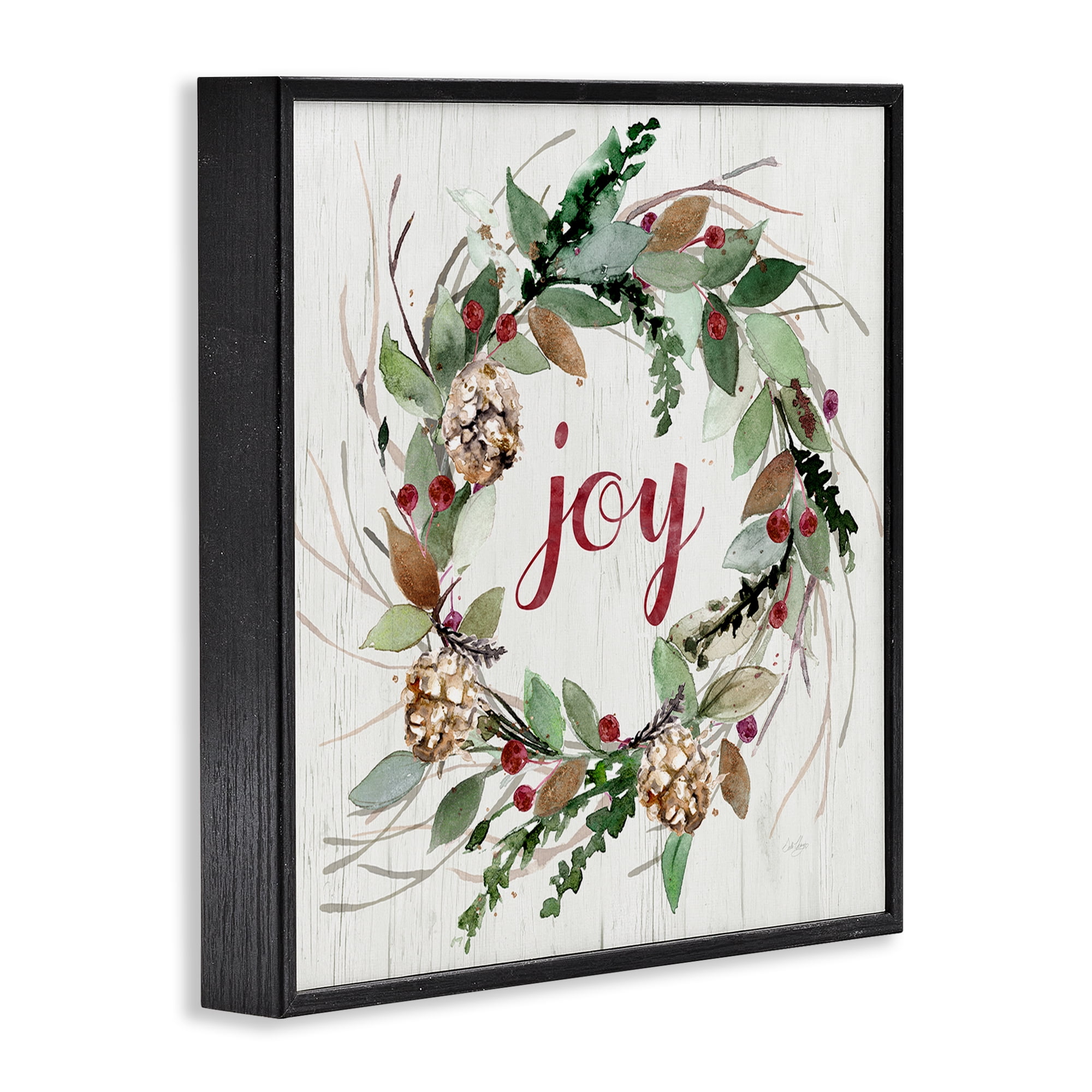 Stupell Industries Joy Seasonal Wreath Botanical & Floral Painting Black Framed Art Prints Wall Art, 17 x 17