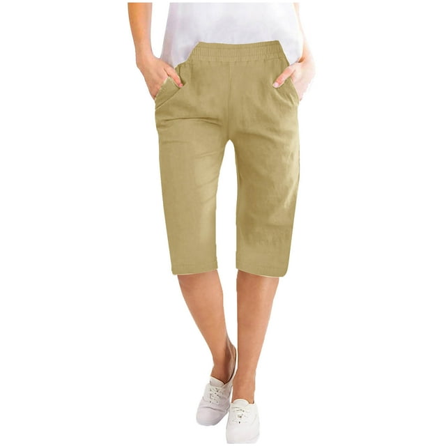 Timegard Womens Shorts Cotton Linen Elastic Waist Solid Color Summer Knee Length Trousers with Pockets