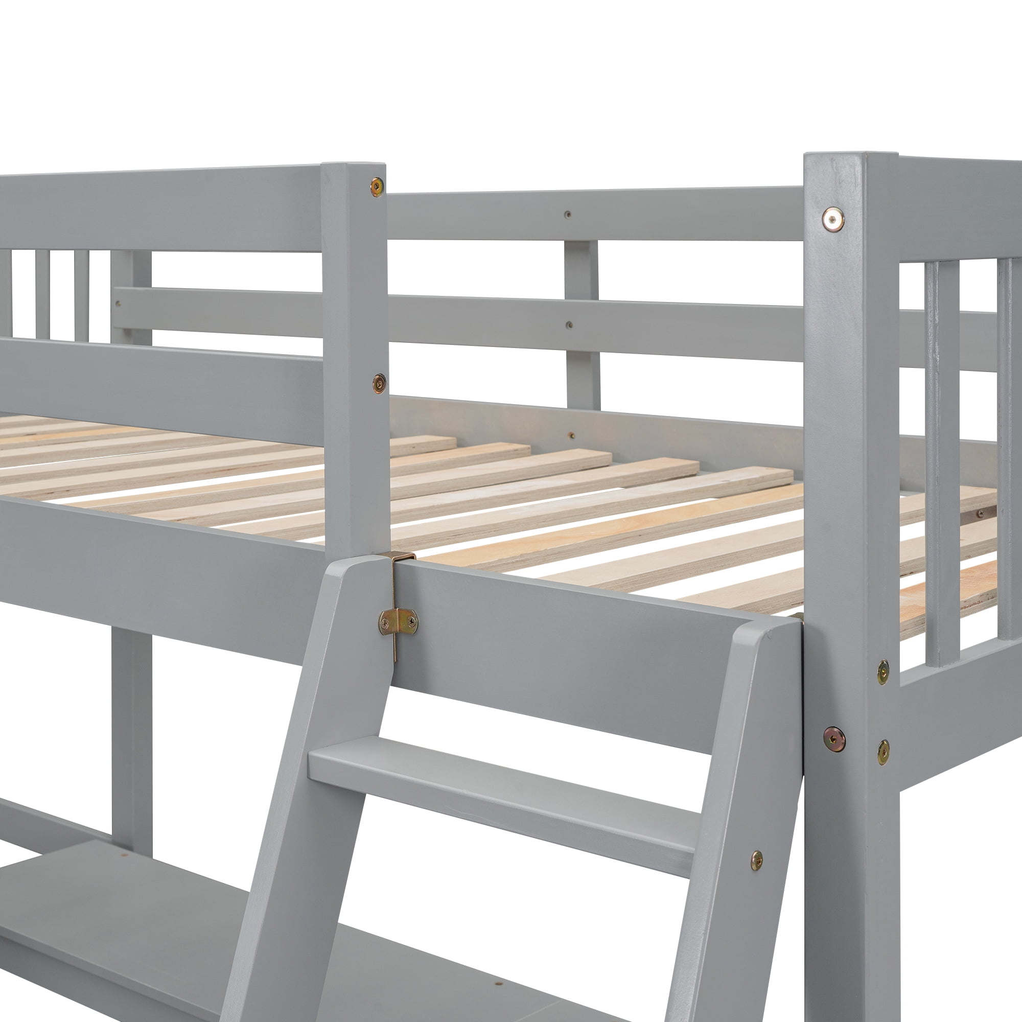 MAYEERTY Wood Twin Size L-Shaped Loft Bed with Ladder and 2 Built-in L-Shaped Desks, Gray