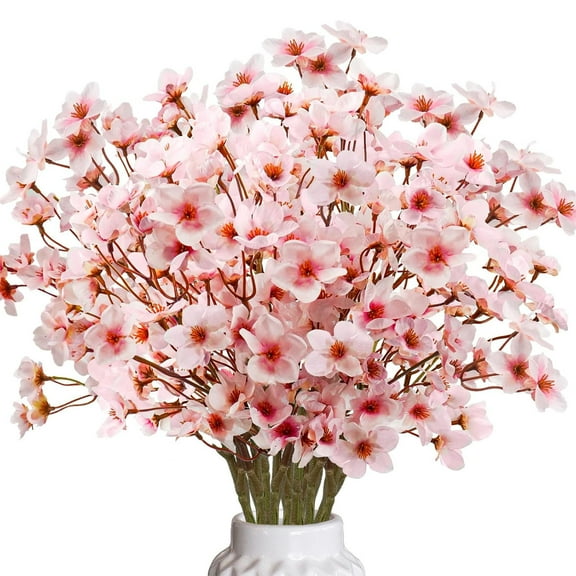 USPEED 6 Pcs Artificial Cherry Blossom Branches Spring Peach Blossom Flowers Silk Plum Blossom Branches Vase 16" Faux Cherry Flowers for Table Centerpieces Home Wedding Party Decoration - White
