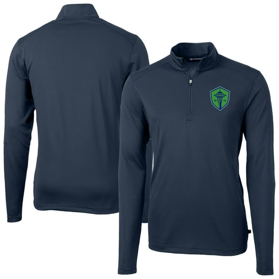 Men's-Cutter & Buck  Navy Seattle Sounders FC Virtue Eco Pique Recycled Quarter-Zip Top