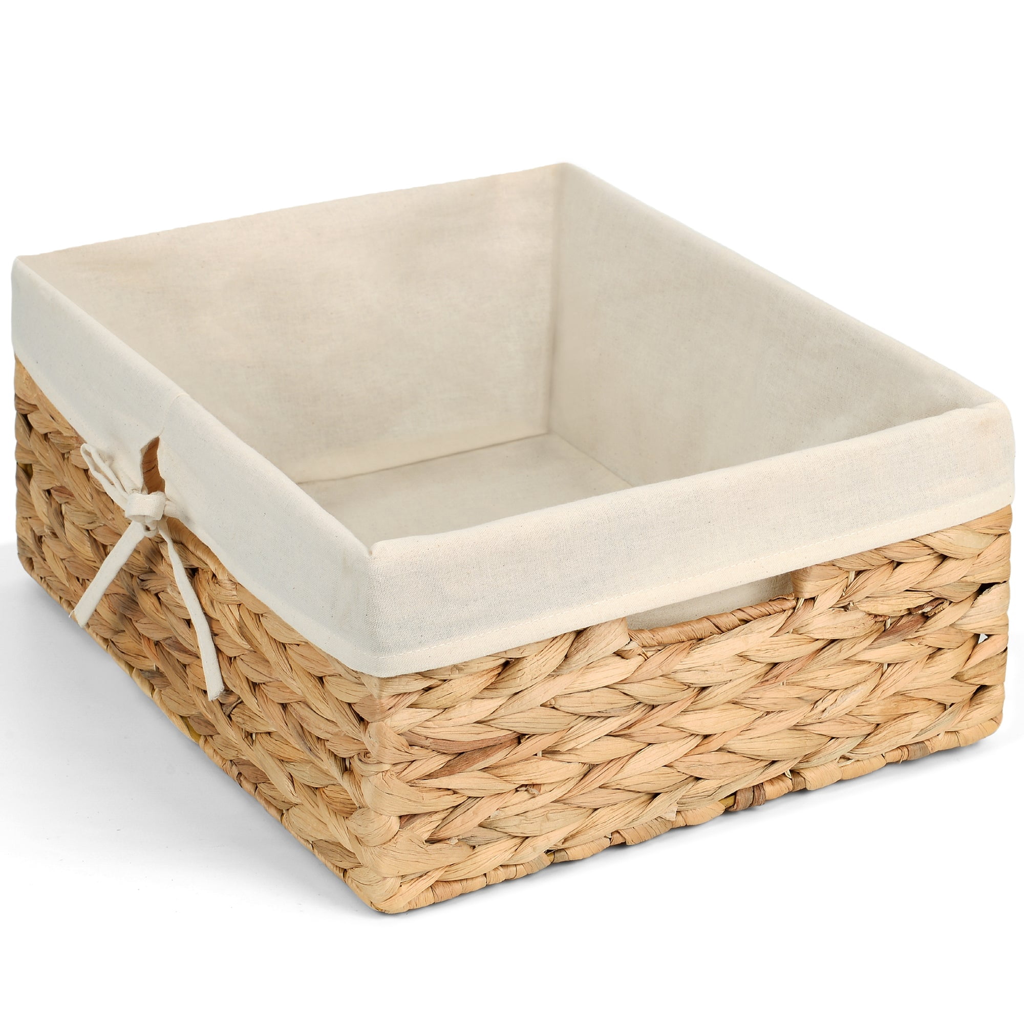 Storage Standard Large Rectangular Water Hyacinth Storage Basket with Cotton Liner, 15" x 12" x 6" Built-In Handles, Natural Woven Shelf Organizer for Pantry, Closet, Living Room