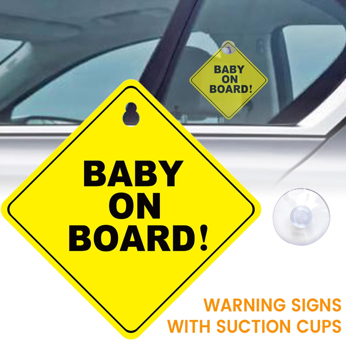 Baby On Board SAFETY Car Window Suction Cup Yellow REFLECTIVE Warning Sign 5x5" 