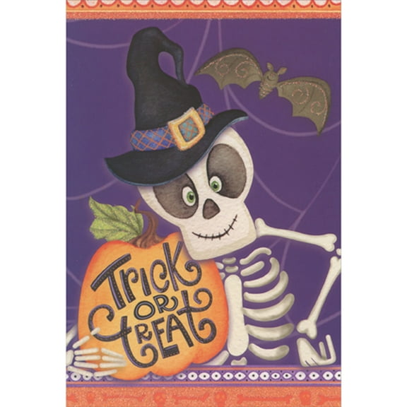 Pictura Smiling Skeleton Wearing Witch Hat and Holding Pumpkin Halloween Card