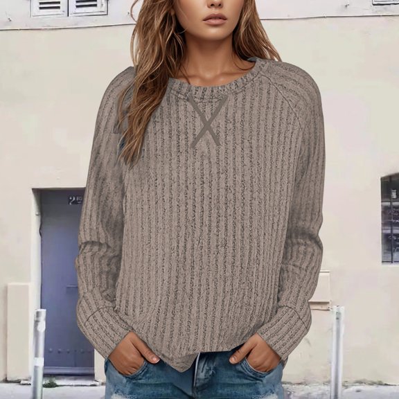 Adeawade Womens Tops Long Sleeve Shirt Fall Shirt Loose Fit Round Neck Pullover Tunic Blouse For Soft Everyday Basic Tee retro basic Wear Brown