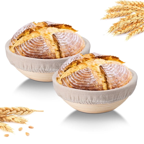 Walchoice Sourdough Bread Proofing Basket Set of 2, 9 Inch Round Dough Proofing Bowls, Sourdough Bread Baking Supplies for Bakers, Handmade Rattan Baskets with Liners