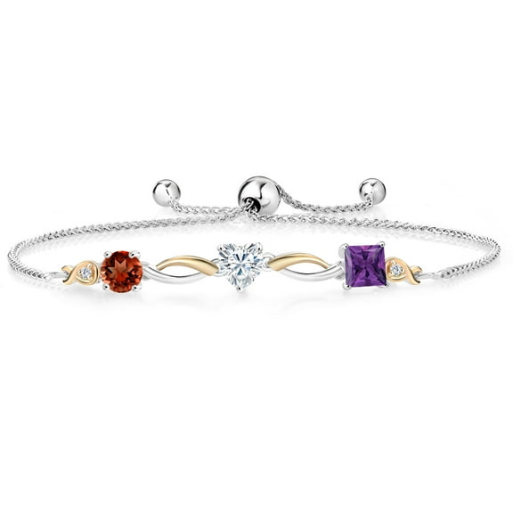 925 Silver and 10K Yellow Gold Red Garnet Near Colorless White Moissanite Purple Amethyst and Lab Grown Diamond Tennis Bracelet for Women By Keren Hanan (2.45 cttw, Adjustable up To 9 inch)