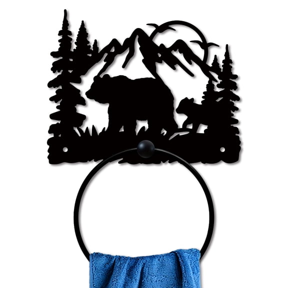 Bear Forest Metal Towel Ring Animal Mountain Towel Holder Sun Bird Metal Bath Towel Ring Wall Mounted Black Art Towel Rack