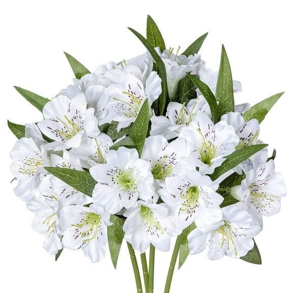 Alstroemeria Artificial Flowers Peruvian Lily Silk Petals 18” Long Stems Faux Bouquet, 4pcs Bundle (White)