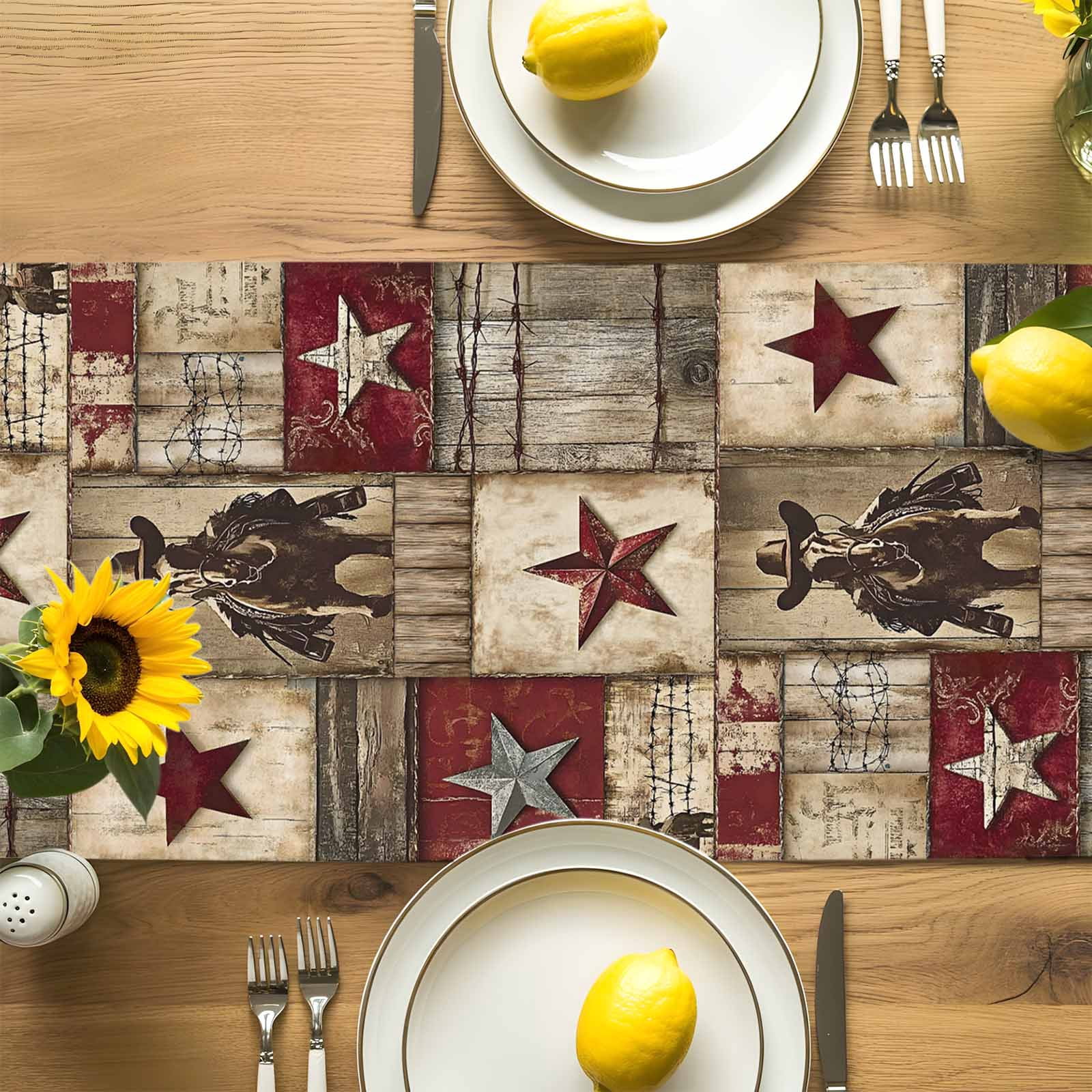 Vintage Texas Western Country Star Table Runner 90 Inches Long, Cowboy Horse Wooden Plank Table Runners Tabletop Scarf Kitchen Dining Tables Decoration for Home Party Indoor Outdoor