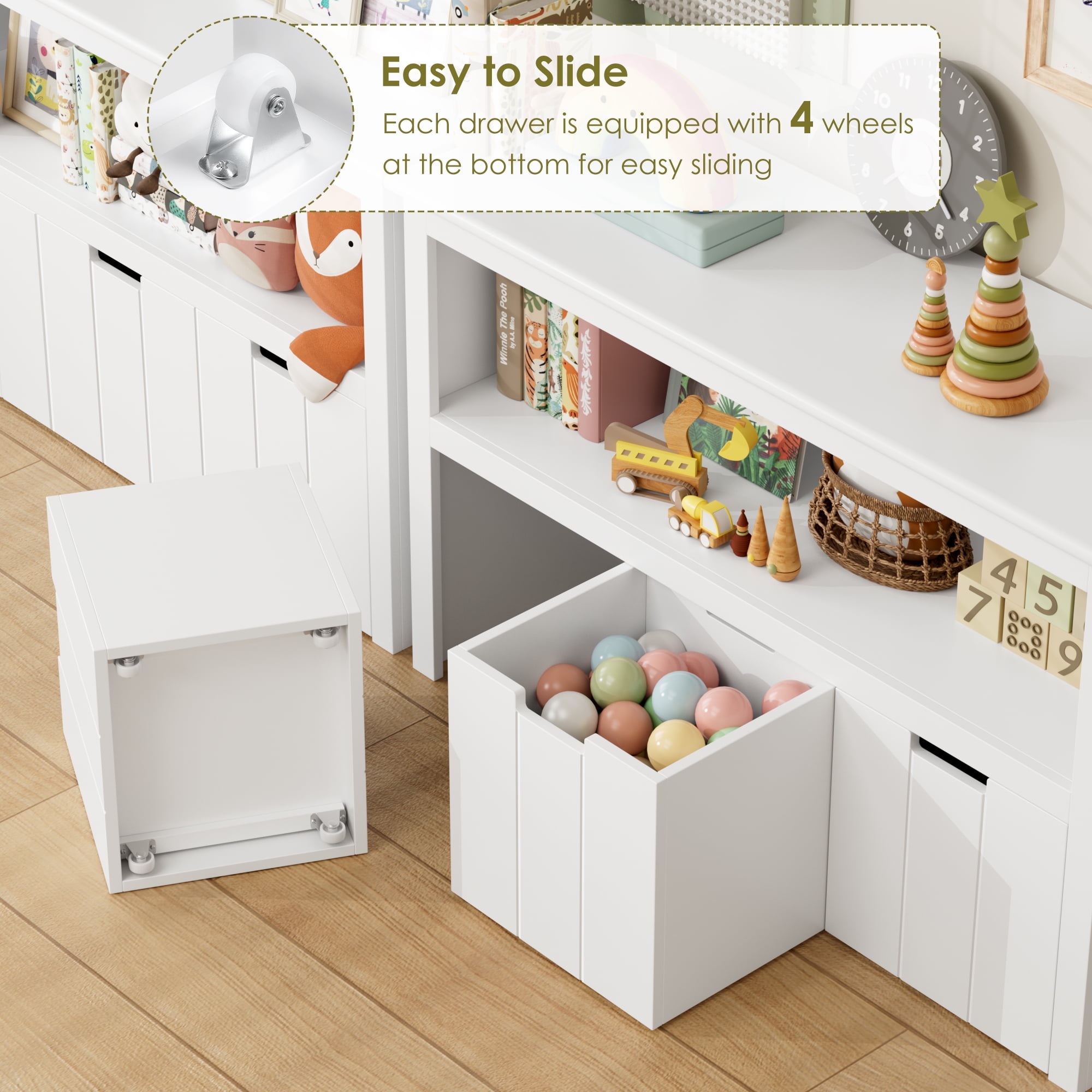 Homfa Kids Toy Storage, Cubes Storage Bins with 3 Drawers, White Toy Box with Shelves and Wheels