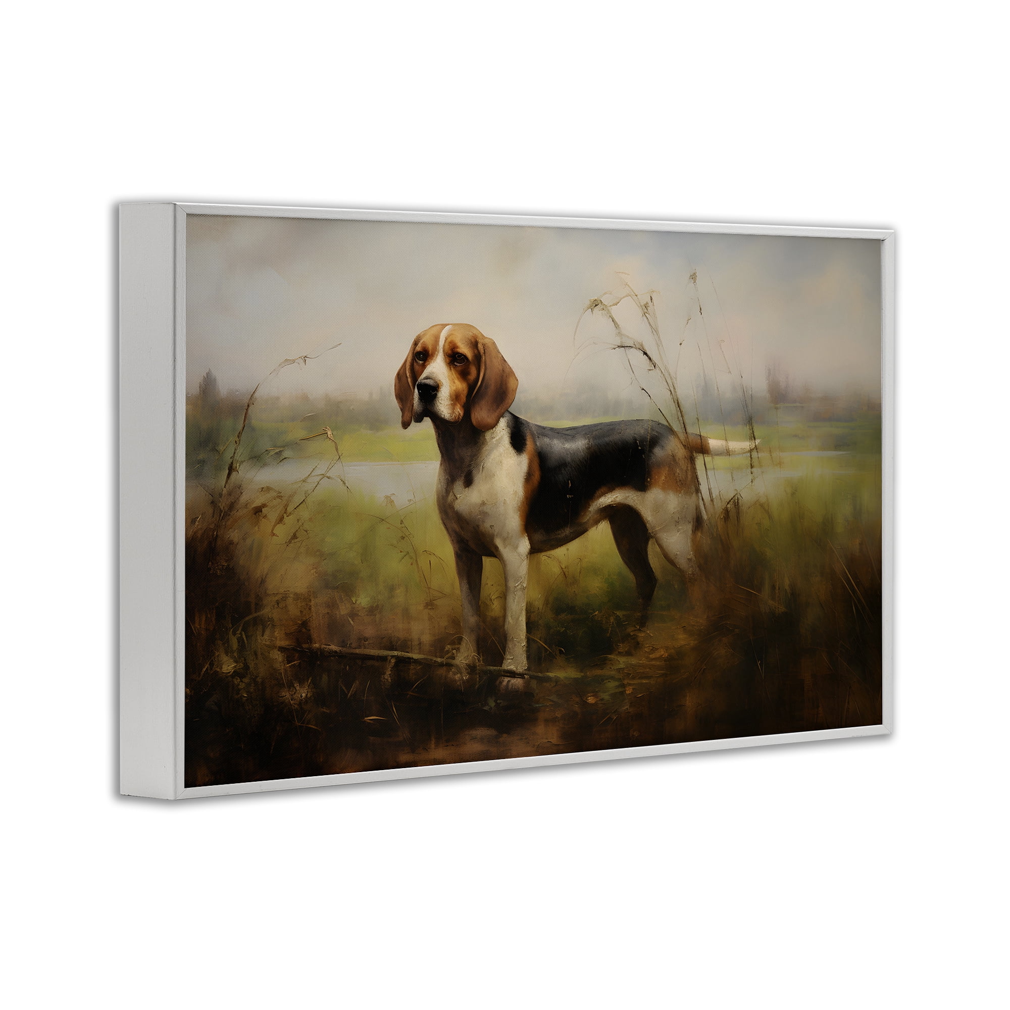 Stupell Industries Beagle Dog Rural Field Landscape Painting White Framed Art Print Wall Art, 30 x 20