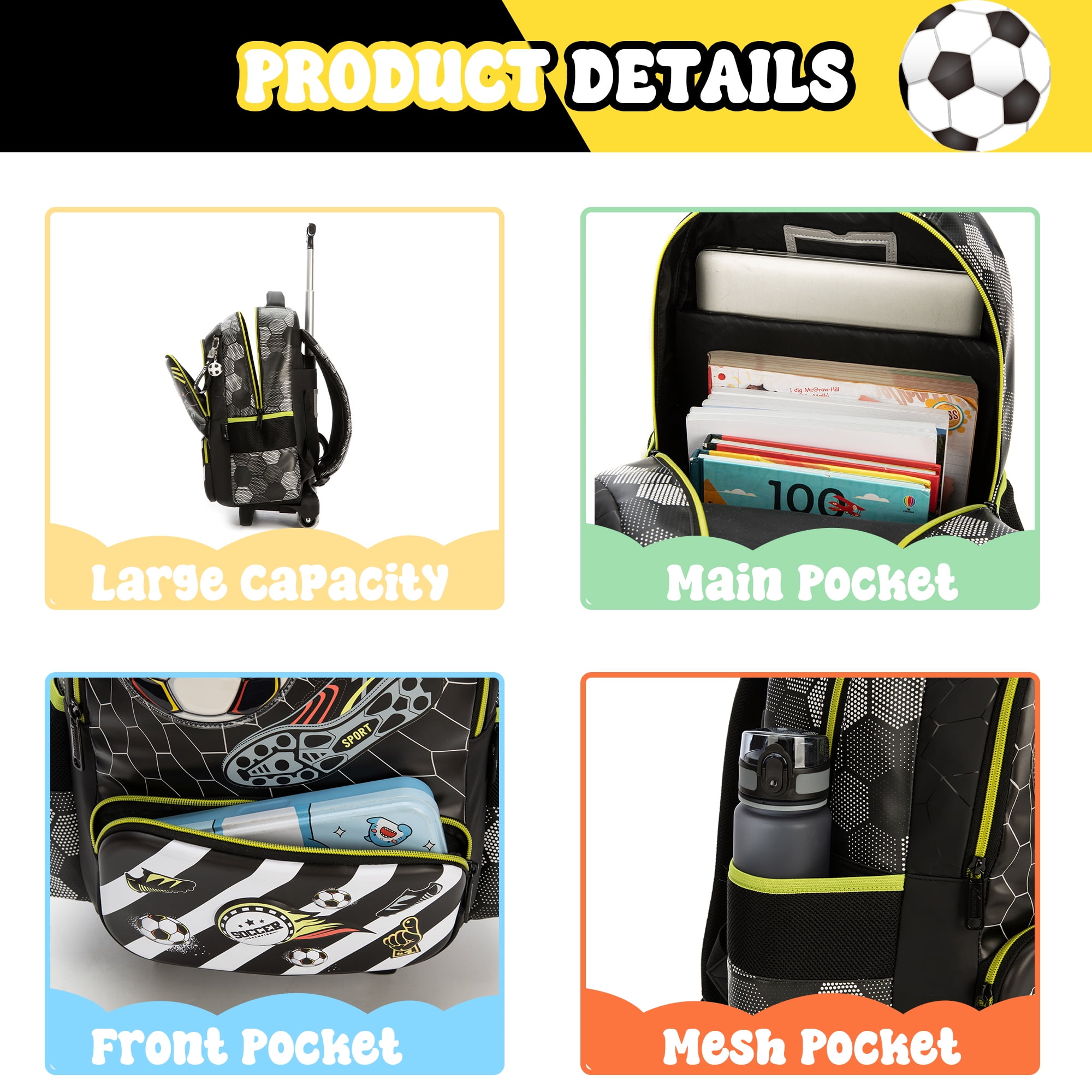 Boys Roling School Backpack with Wheels 3-Piece Wheeled Kids Backpacks with Lunch Box Pen Bag for Pupil Luggage Ages 6-12 Black Soccer