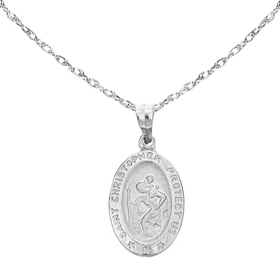 Ritastephens 14k White Gold St. Christopher Mini Oval Medal Pendant Charm Necklace