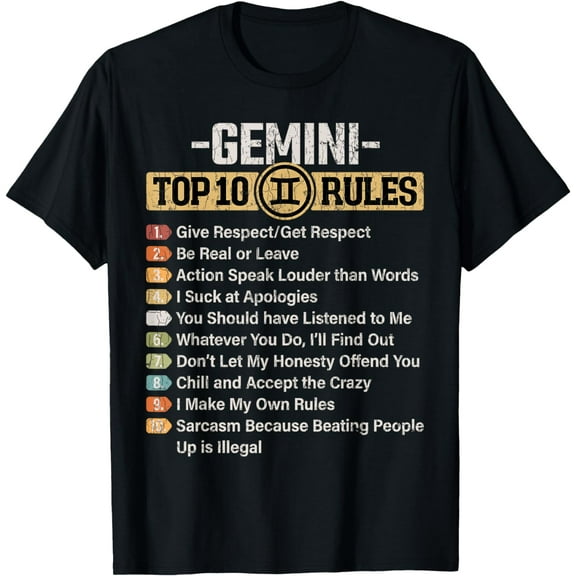 Zodiac Sign Funny Top 10 Rules Of Gemini Graphic T-ShirtBrand clothing, men and women can wear, black, white, gifts.
