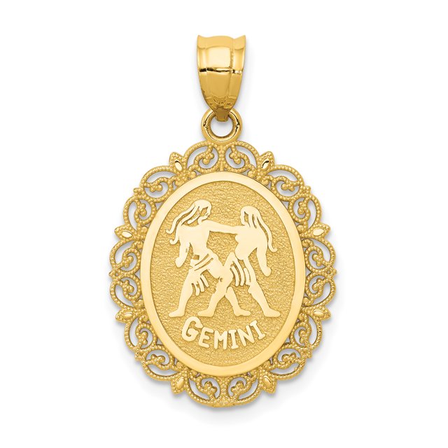 14k Yellow Gold Gemini Zodiac Oval Necklace Charm Pendant