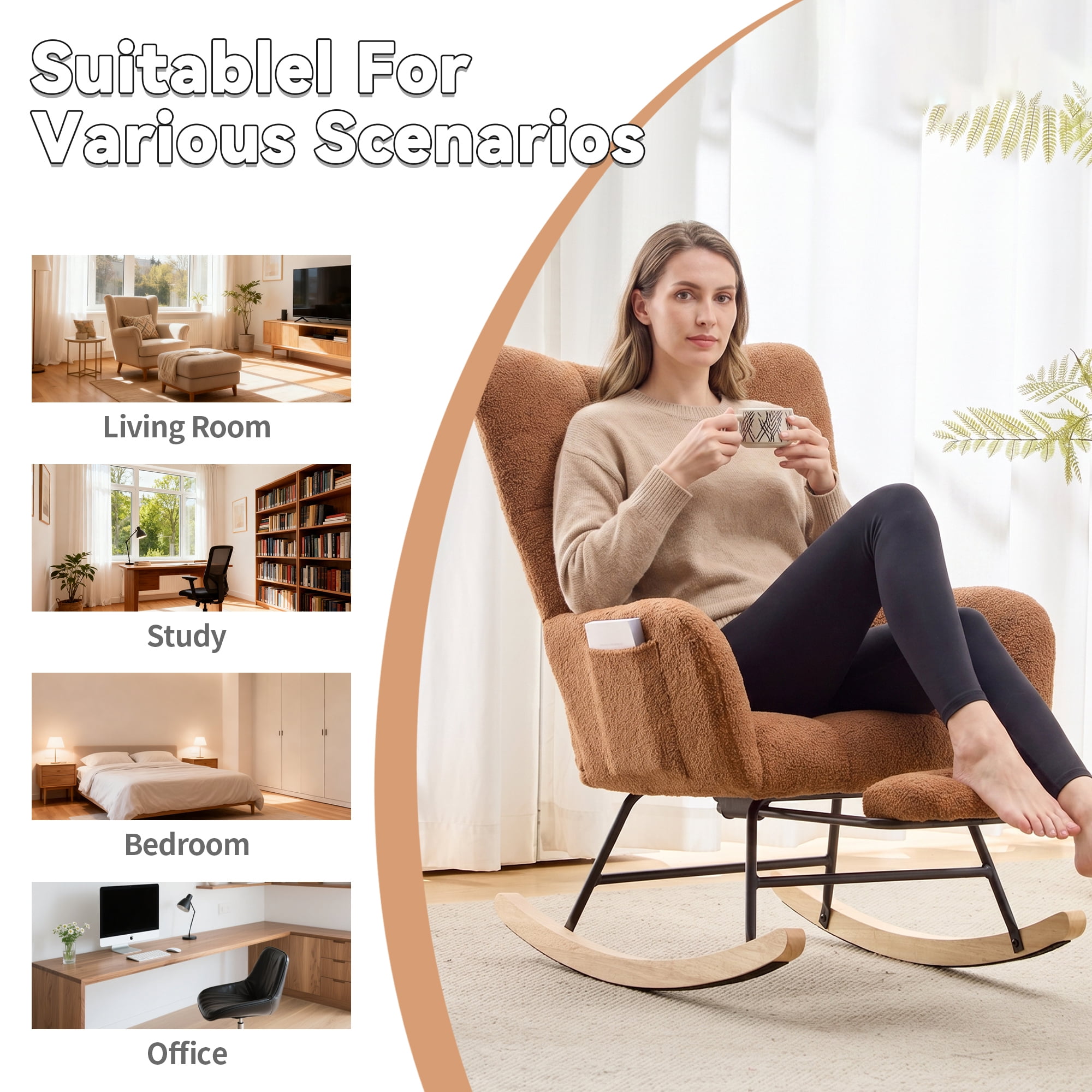 Leumius Nursery Rocking Chair with Footrest,Teddy Fabric Upholstered Glider Rocker Chair with High Backrest,Side Storage Pocket & Solid Wood Legs,Comfy Accent Chair for Living Room Bedroom,Brown