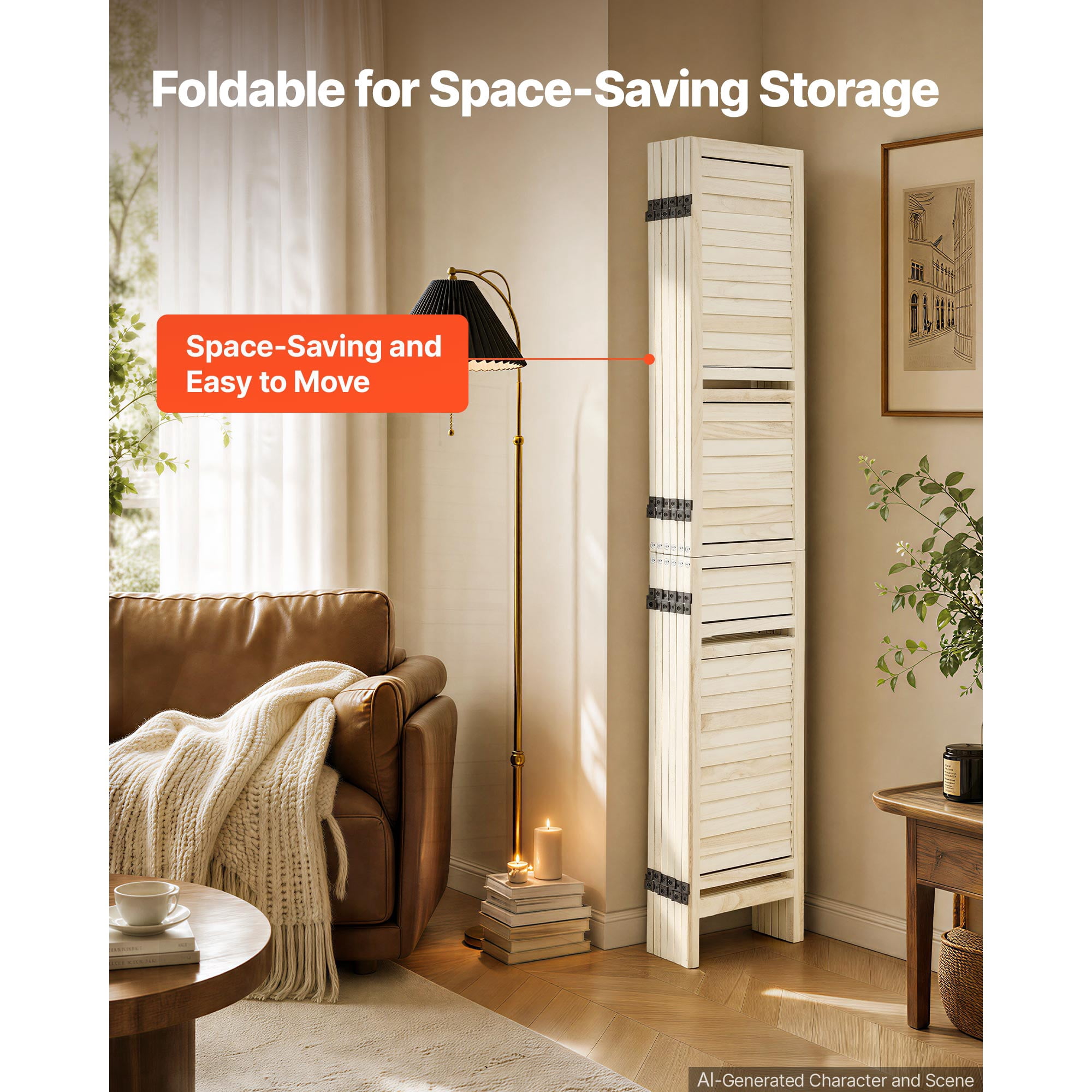 KFFKFF 6-Panel Wooden Room Divider with Shelves, Folding Privacy Screen for Home Decoration and Space Separation, 67.1 Inches Tall, Durable Frame,Two-Way Hinges,Louvered Design with Included Hardware