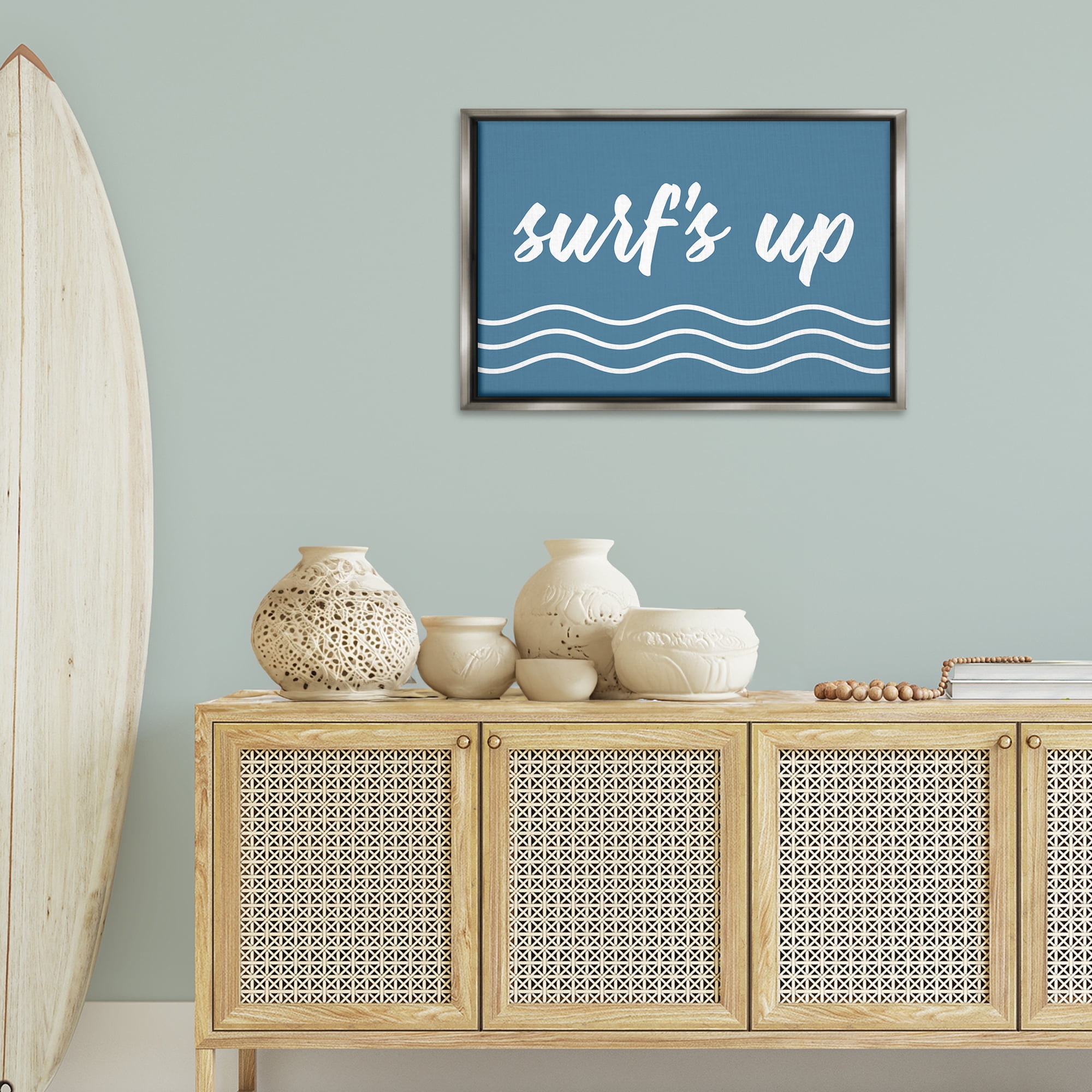 Stupell Industries Blue Surf's Up Typography Painting Gray Floater Framed Canvas Art Print Wall Art, 31 x 21