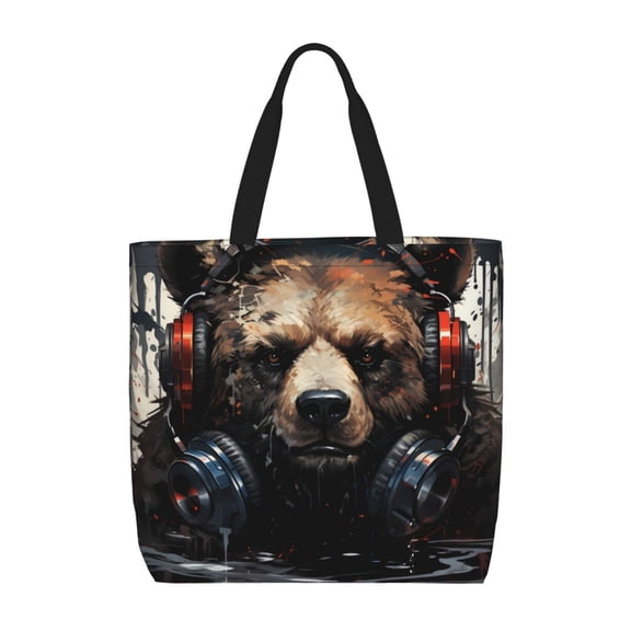 Fuzoiu Urban Bear With Headphones Print Durable Tote Bag,Shoulder Bag with Zipper Closure,Casual Tote's Handbag,for Daily Use, Shopping, School, Work