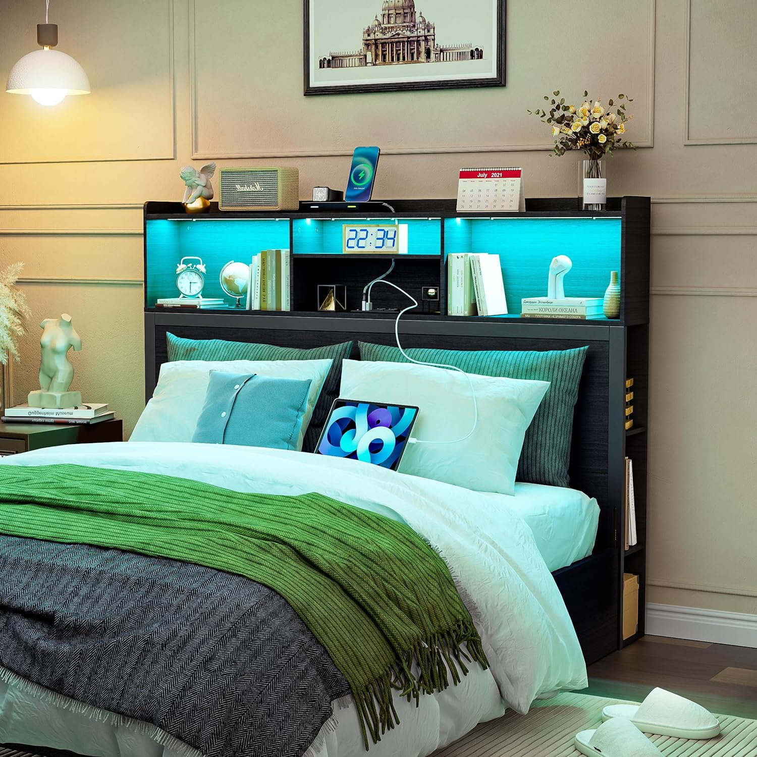 PAKASEPT Queen Size Storage Headboard, 62" Wide Headboard Only, Stylish Bookcase Headboard with Charging Station & LED Lights, Modern Wood Headboard, Noise-Free HeadBoard with Storage