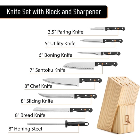 DFVYU-- Kitchen Knife Set, 9 pcs, Stainless Steel Knife Set with Block and Sharpener, Kitchen Knives with Wooden Block