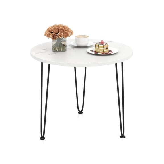 Round Coffee Table, 23.5" Small Marble Top Accent Table, Metal Tripod Legs, Living Room Side Table, White/Black, 18.5" Height