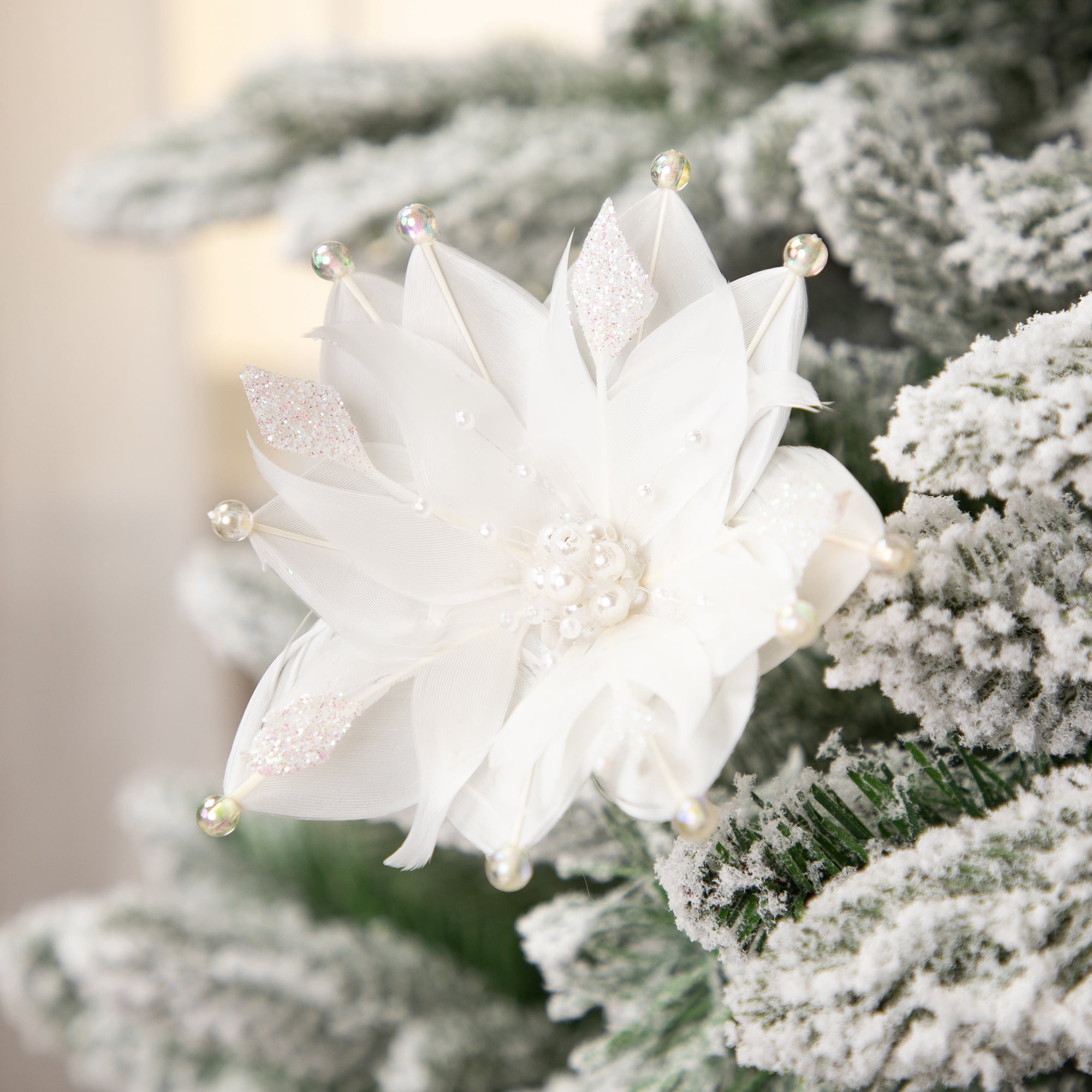 Northlight Beaded Feather Poinsettia Artificial Christmas Pick - 13.75" - White